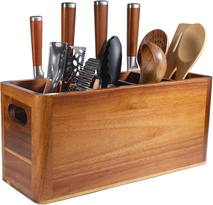 Wooden Kitchen Utensil Holder Organizer for Counter or Countertop, Large Wooden Utensil Holder 4 Compartment, Acacia Wood Container Extra Large.with Strong Magnets Multifunctional Storage Knife Holder