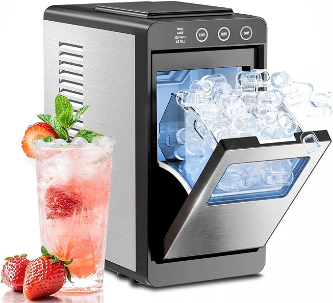 Kismile Ice Maker Countertop, 26Lbs/24H Bullet Portable Ice Maker Machine with 2 Ice Sizes, Interior Light, Self-Cleaning, 8 Cubes in 6 Mins, 0.8L Compact Ice Maker for Home, Kitchen, Stainless Steel