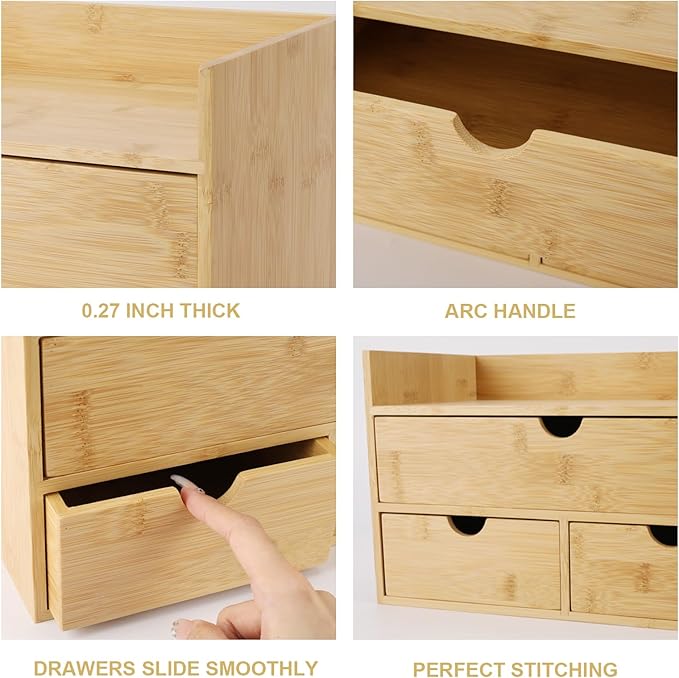 Charmewooden Bamboo Desk Organizer With Drawers Countertop Drawers Counter Storage Box Corner Desk Organizer for Home Office No Assembly Required (3 Drawers with shelf)
