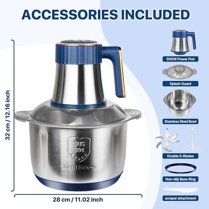20 Cups Large Capacity Food Processor,5 Speed Electric Meat Grinder Vegetable Chopper,500W Powerful Motor 6 Bi-Level Blade Meat mincer for Vegetable, Nuts, Onion, Garlic with 304 Stainless Steel Bowl