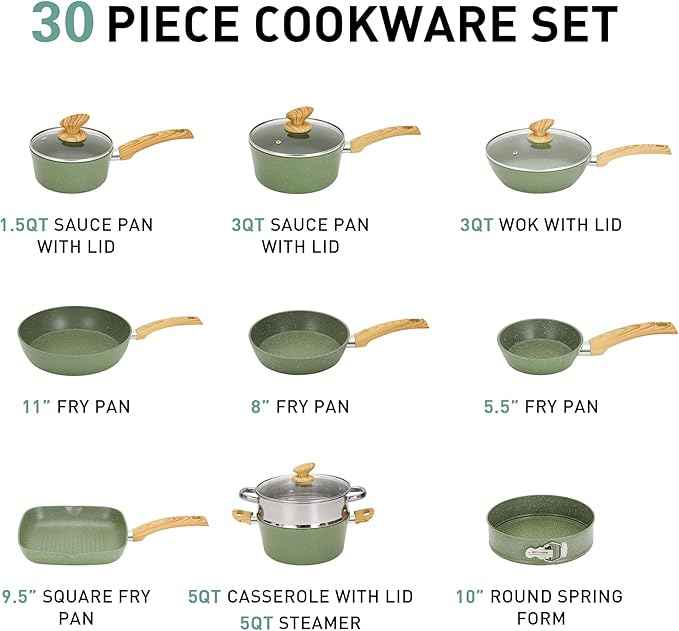 MAISON ARTS Pots and Pans Set Non Stick, 30 Piece Kitchen Cookware & Bakeware Sets with Granite Coating, Pots and Pans Sets for Cooking Nonstick, Green