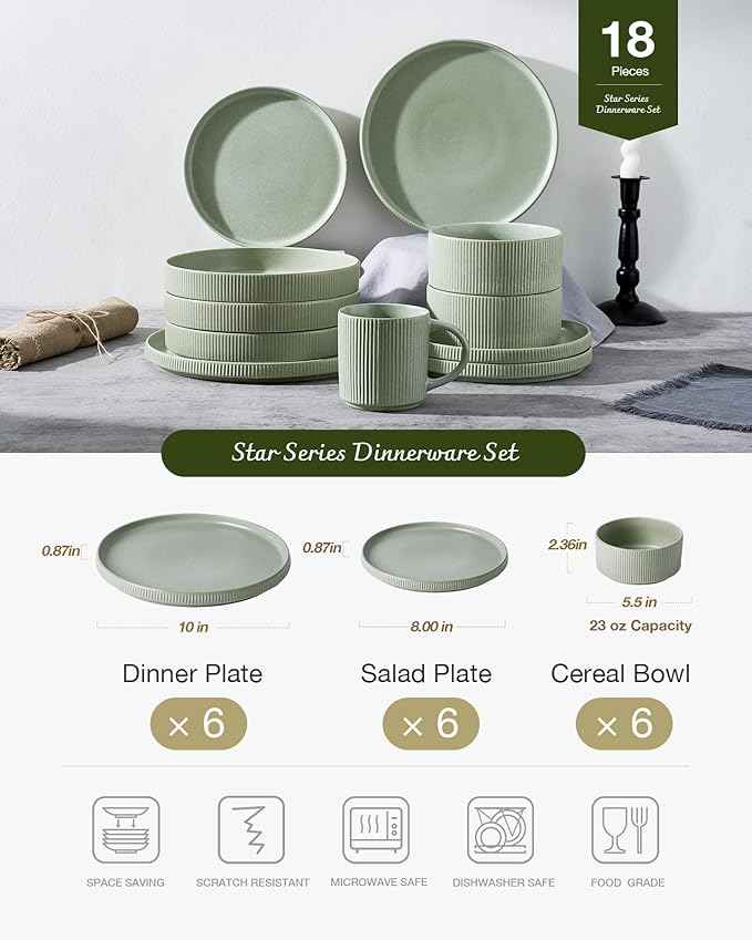 Famiware Star Dinnerware Set, Plates and Bowls Sets for 6 (18pcs), Ribbed Stoneware Dishes - Chip & Scratch Resistant, Microwave & Dishwasher Safe Kitchenware, Matte Sage Green