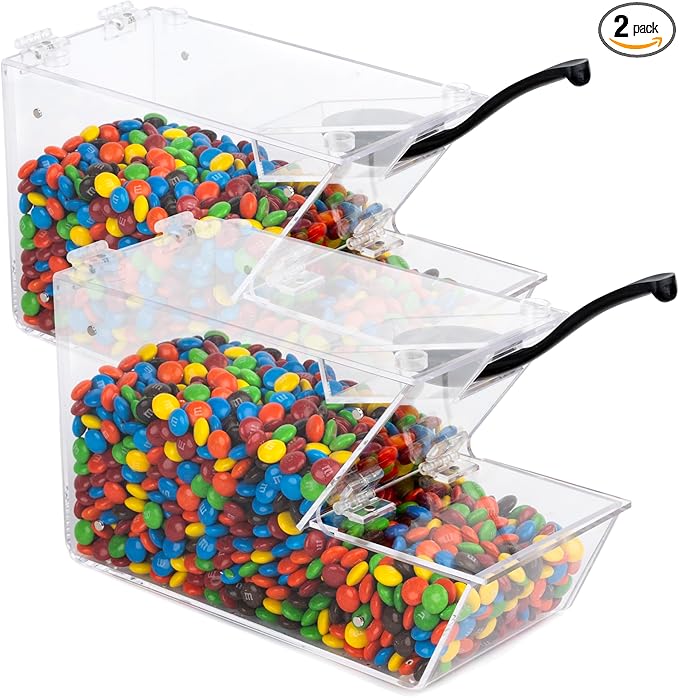 Inevibe Candy Bin Topping Dispenser - Acrylic Bulk Sprinkle Container with Scoop, Stackable & Magnetic for Multiple Holders - For Cereal, Nuts, Candies & Snack Food Storage - 2 Pack