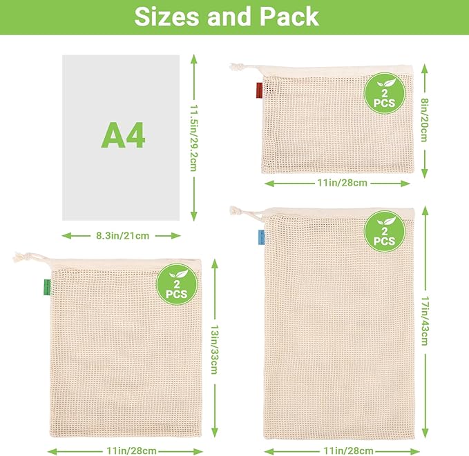 Pack of 6 Reusable Produce Bags Washable, 3 Sizes (2xS+2xM+2xL) Reusable Grocery Bags Heavy Duty Cotton Bag Mesh Bags for Vegetables, Enhanced Closure Edge, Double Stitched, with Tare Weight