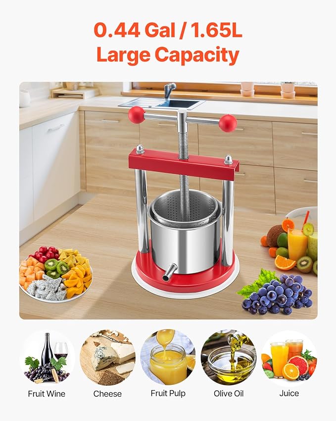 VEVOR 0.44 Gal/1.65L Fruit Wine Press, 2 Stainless Steel Barrels, Manual Juice Maker, Cider Apple Grape Tincture Honey Olive Oil Making Press with T-Handle for Outdoor Kitchen Home