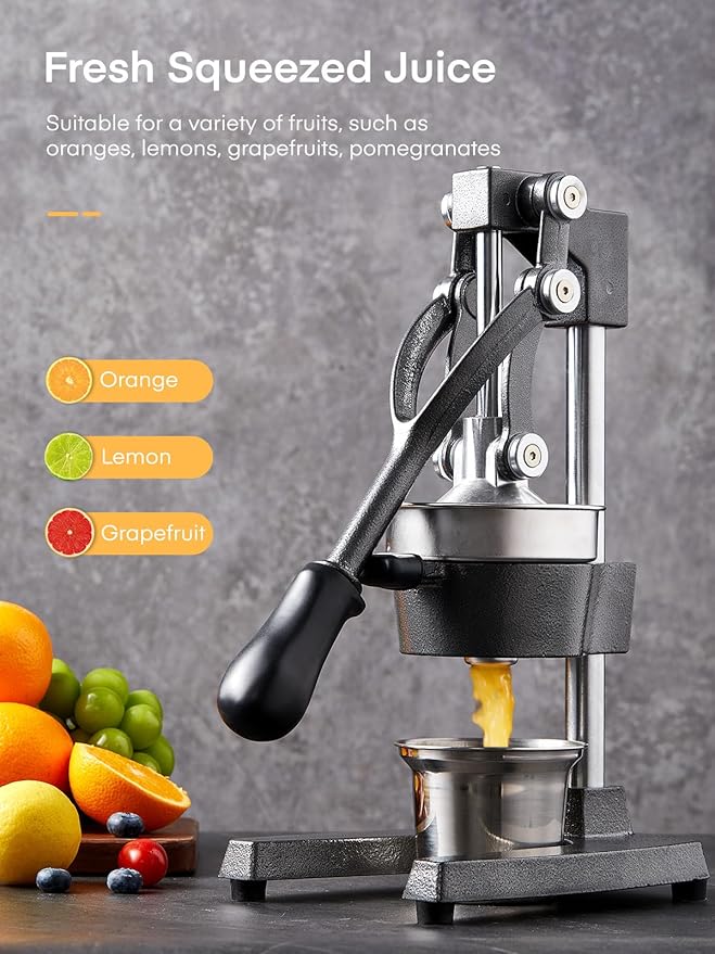 FOHERE Orange Juicer Squeezer, Cast Iron Lemon Squeezer, Commercial Citrus Juicer Hand Press for Orange, Lemon, Pomegranate, Easy to Clean Citrus Squeezer with a Stainless Steel Cup, Grey