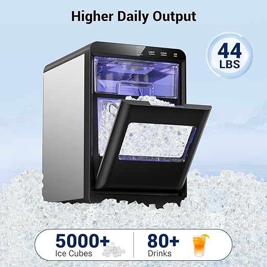 Nugget Ice Maker, 44lbs/24h Ice Makers Countertop, Soft Ice Ready in 5-10Mins Pebble Ice Maker, Self-Cleaning Pellet Ice Maker for Home, Kitchen, Office, Party