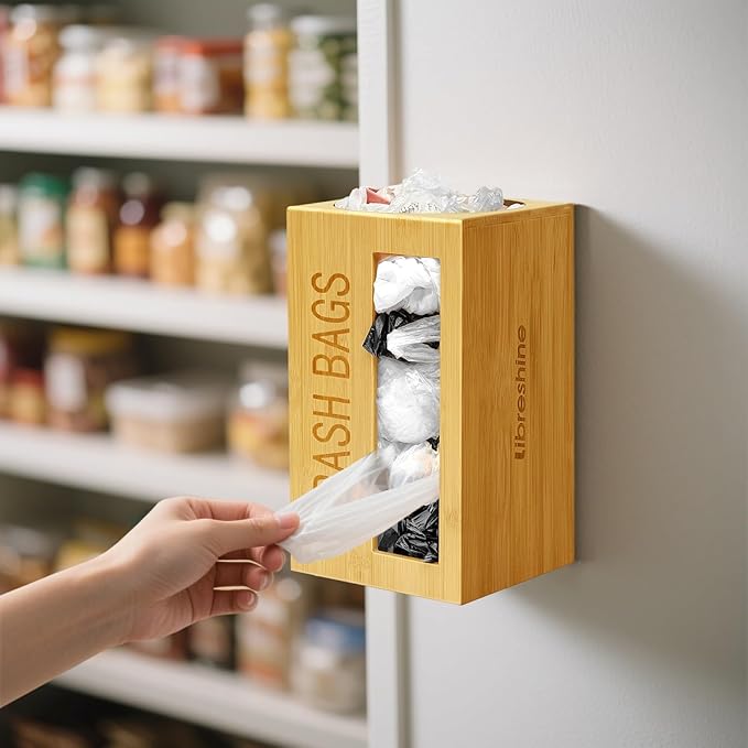 Bamboo Garbage Bag Dispenser Roll Holder - Wall Mount Trash Bag Organizer for 13-33 Gallons, Under Sink Kitchen Grocery Bag Storage Container, Not Suitable for Large Roll