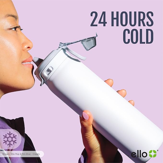 Ello Pop & Fill 32oz Stainless Steel Water Bottle with QuickFill Technology, Double Walled and Vacuum Insulated Metal, Leak Proof Locking Lid, Straw and Chug, Reusable, BPA Free, Porcelain Rose