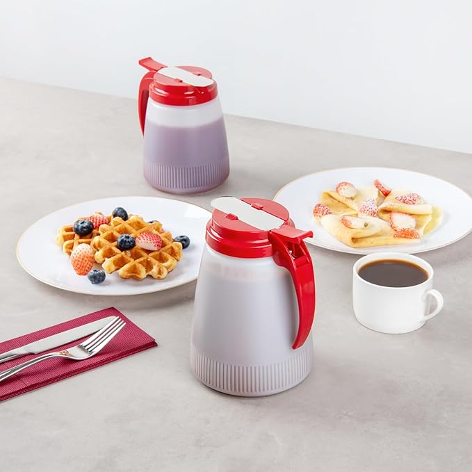 Restaurantware-Chef 101 48 Ounce All Purpose Syrup Dispensers, 10 Honey Dispensers - Red Top, Stainless Steel Slide Cover, Plastic Pancake Syrup Bottle, Perfect For Diners, Restaurants, Home