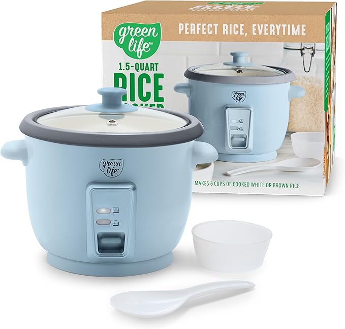 GreenLife Rice Cooker with Removable PFAS-Free Ceramic Nonstick Pot, 3-Cups Uncooked/6-Cups Cooked, Grains & Oatmeal Multicooker, Compact One-Switch Design, Auto Keep Warm, Easy Clean, Blue Haze