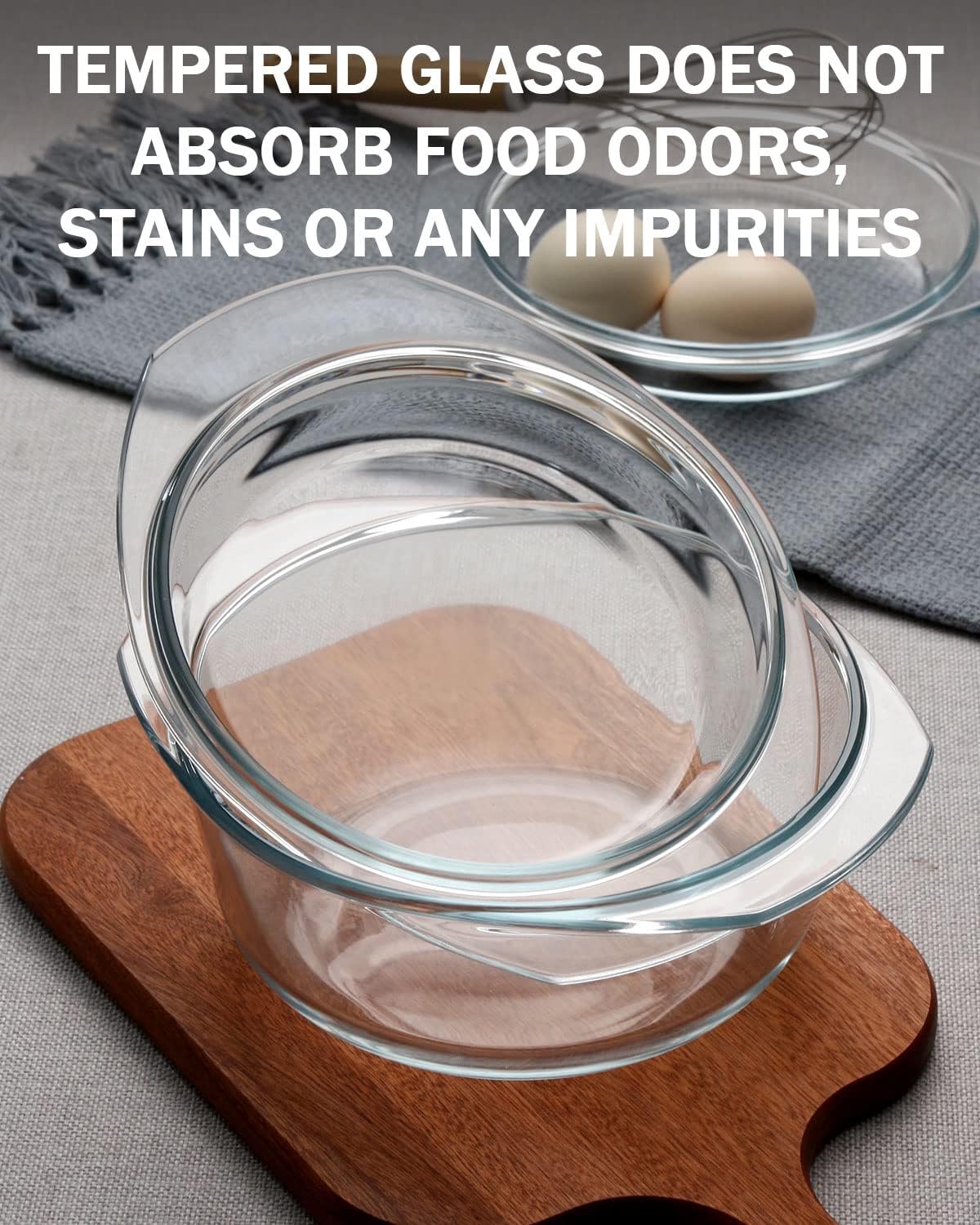 Clear Round Glass Casserole Dish With Lid Non-Plastic Lidded Casseroles Easy Grab Glass Cooking Bowls with Glass Lid, Microwave, Oven, Freezer, and Dishwasher Safe (1.5L)