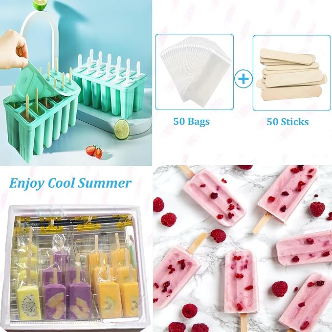 2 Sets of 12 Cavity Silicone Popsicles Molds with Brush 100 pcs Sticks Blue Green