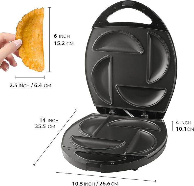 FineMade Electric Empanada Maker Machine with Press Mold,Large Dumpling Maker Press,Pierogi Maker Press Machine,Make 4 Psc of 6 Inches Large Empanadas,Jamaican Beef Patties,Calzones,Pocket Pies,Black