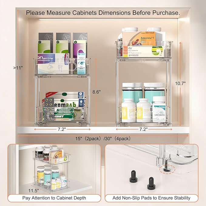 Delamu 2 Tier Snap-Lock Bathroom Under Sink Organizers and Storage, Multi-Purpose Cabinet Drawers with Movable Dividers, Pull Out Organization for Countertop, Kitchen and Pantry(Clear, 2 Pack)