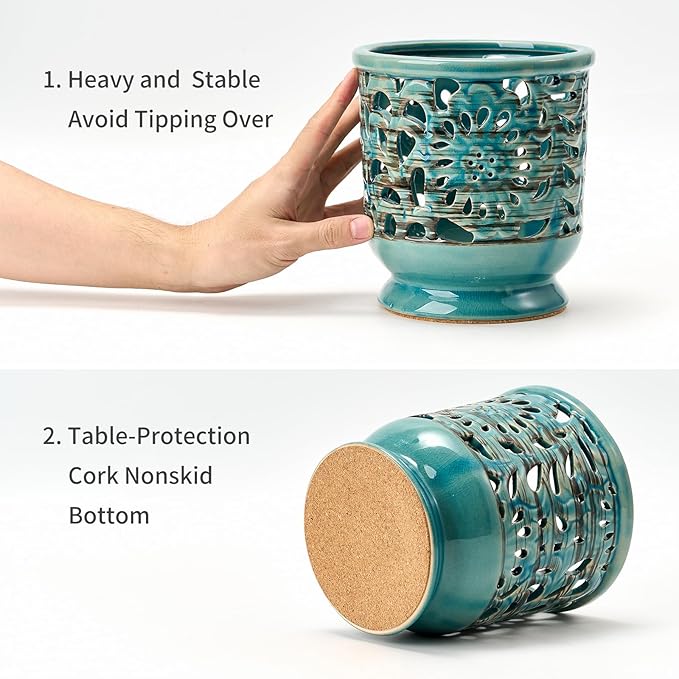 Farmhouse Kitchen Utensil Holder for Countertop, Ceramic Large Cooking Utensil Crock with Cork Mat, Hollow Carving Decorative Rustic Utensil Holder for Kitchen Counter, Antique Blue