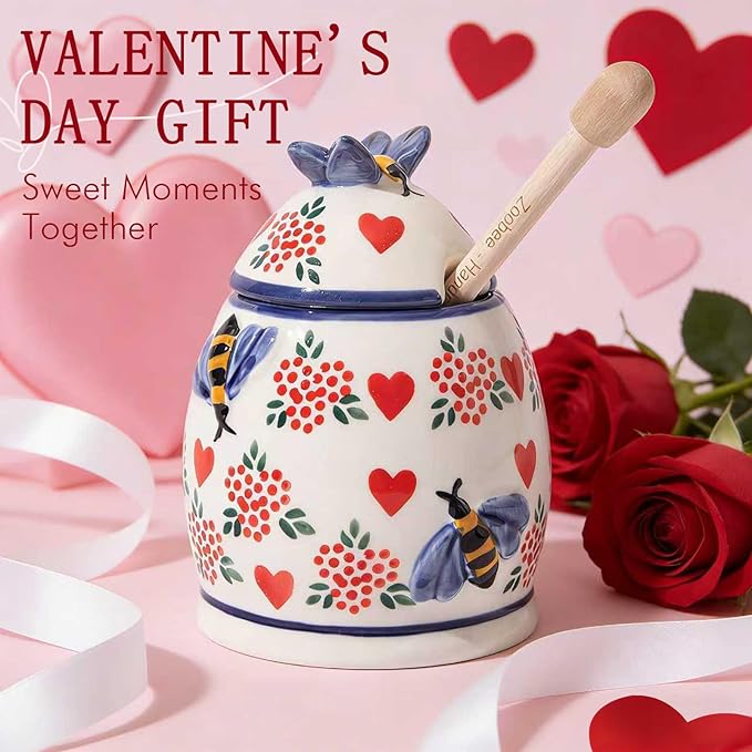 ZOOBEE Ceramic Honey Pot with Dipper and Lid, 10oz Microwave-safe Honey Container, Lead-Free Honey Dispenser for Kitchen-Crazy Love