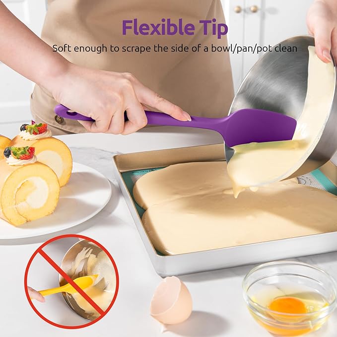 U-Taste Silicone Spoon Spatula Set, 600ºF High Heat Resistant Food Grade Flexible Rubber Scraper, Integrated Cooking Mixing Baking Kitchen Utensils Set of 3 for Nonstick Cookware (Purple)