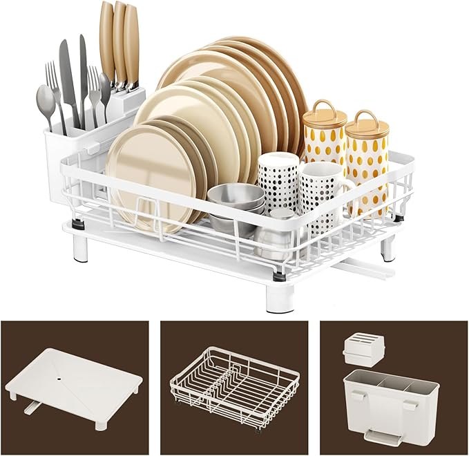 AIDERLY Iron Dish Drying Rack with Drainboard Dish Drainers for Kitchen Counter Extendable Spout Strainers with Utensil Holder and Knife Slots, White