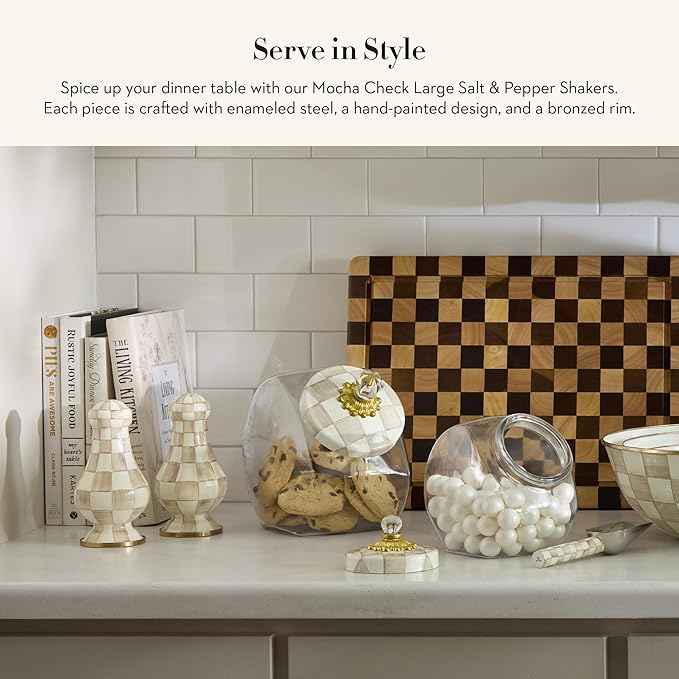 MACKENZIE-CHILDS Enamel Salt and Pepper Shakers, Kitchen Table Spice Shaker Set, Brown-and-White Mocha Check, Large