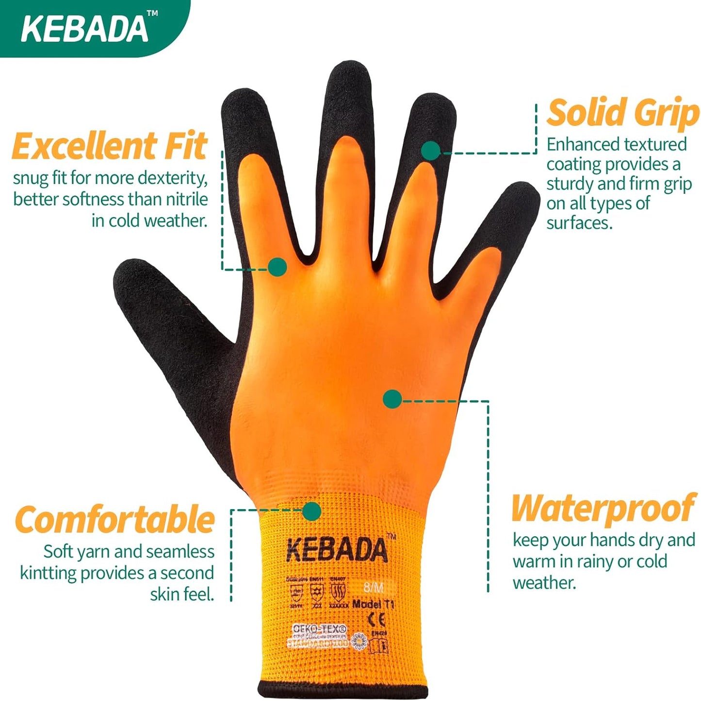 Kebada T1 Waterproof Winter Work Gloves for Men and Women,Insulated Work Gloves for Men Cold Weather,Warm Freezer Gloves Small