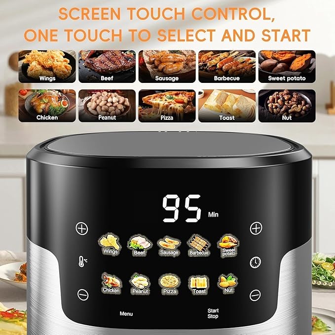 Air Fryer, 6 QT Air Fryers with Glass Touch Screen, Clear Windows, 10-in-1 Stainless Air Fryer Oven with Auto Shut-Off Time & Temperature Control for Roast, Bake, Broil, Keep Warm (BQ1)