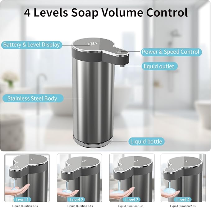 Automatic Liquid Soap Dispenser, 12oz Rechargeable Touchless Soap Dispenser, 4 Levels Adjustable Infrared Sensor Dish Soap Dispenser for Bathroom,Kitchen,Hotel