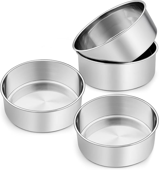 P&P CHEF 8 Inch Cake Pans Set, Round Baking Pan Stainless Steel Layer Birthday Wedding Cake Oven Pans, Non Toxic & Heavy Duty, Deep Side & Mirror Finish, Dishwasher Safe, (4Pcs)