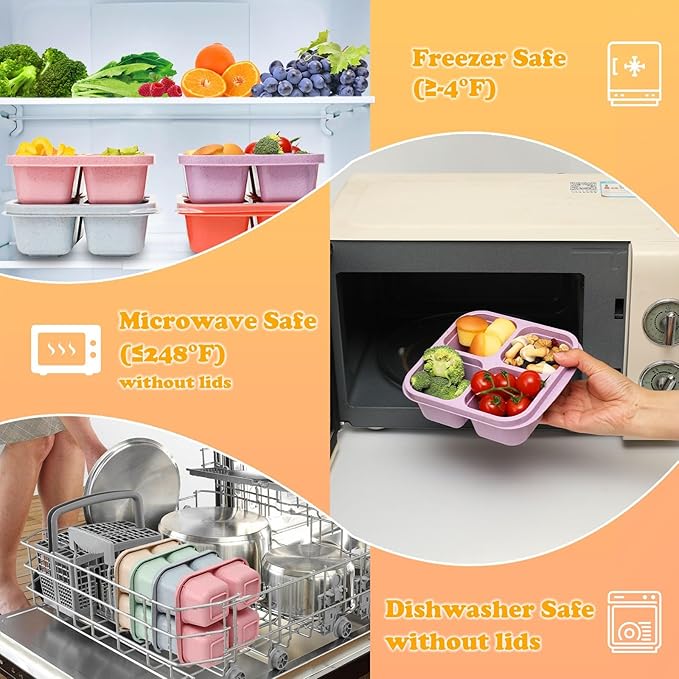 4 Pack Meal Prep Containers, 4 Compartment Bento Snack Boxes, Reusable Divided Lunch Box Containers for Adults, Kids, Toddlers, Travel, Work, School