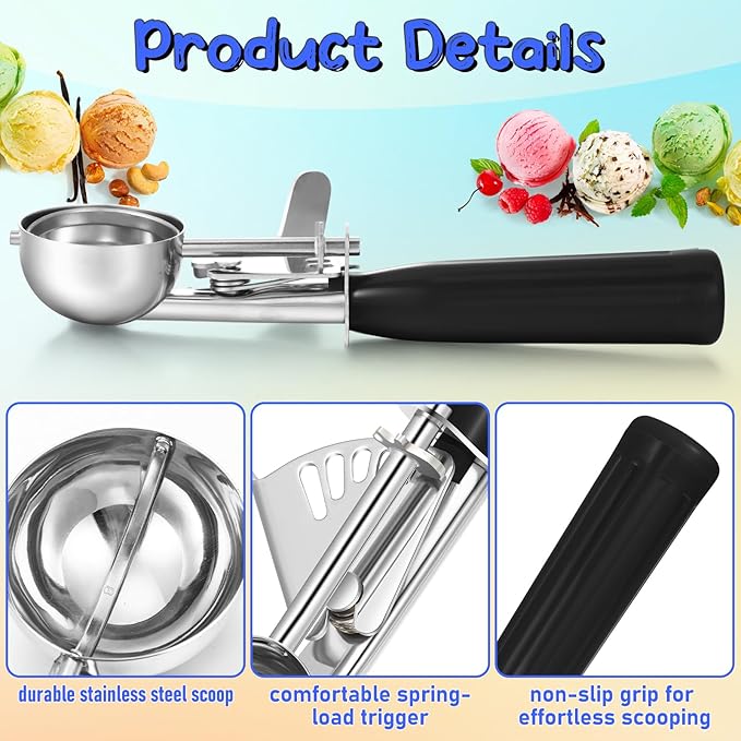 Reallnaive 2 Pcs Release Cookie Scoops Ice Cream Scooper with Trigger Release Portion Scoop Stainless Steel for Portion Control, Baking Food, Cookie Dough (1 oz,Black)