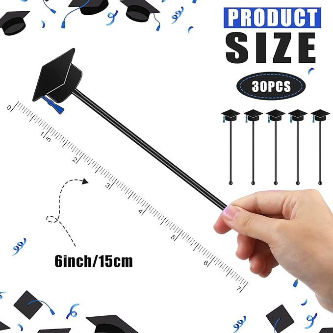 SiliFine 30 Pcs Graduation Cap Drink Stirrers Graduation Stir Sticks Coffee Stirrers Cocktail Mixers Plastic Swizzle Sticks Hot Cocoa Bar Supplies for Party Bar Coffee Tea Favors (Blue)