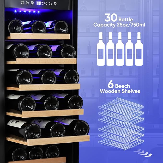 ORYMUSE 15 Inch Wine Cooler Under Counter, 30 Bottle Wine Fridge with Stainless Steel Glass Door, Built-In or Freestanding Wine Cellar with Removable Shelves and Digital Temperature Control