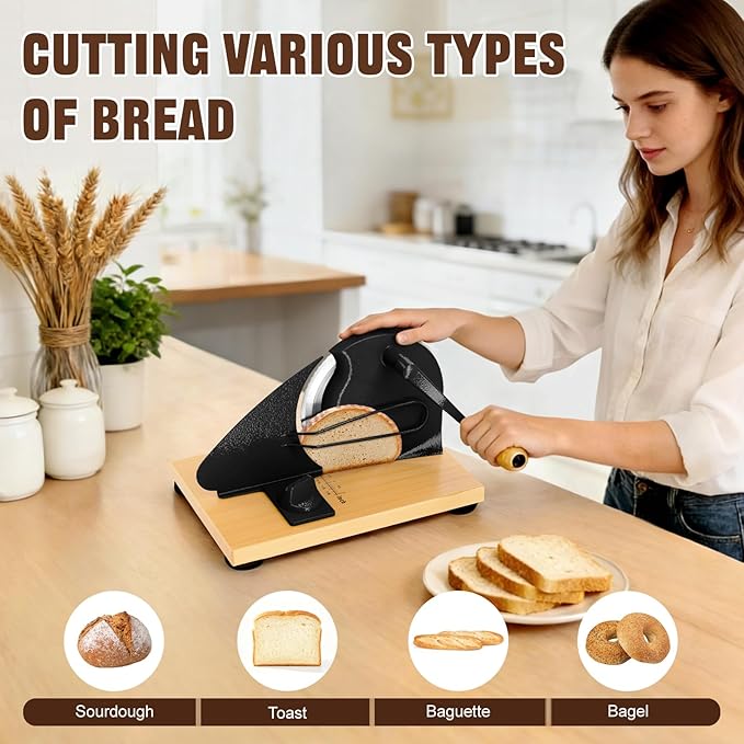 Upgrade Manual Bread Slicer for Homemade Sourdough Bread, Adjustable Thickness with Stainless Steel Serrated Blade, Even Slicing Guide, Non-Slip Suction Cups – Ideal for Home Kitchens and Bakeries