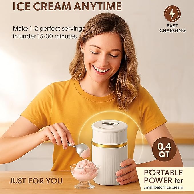Mini Ice Cream Maker for Small Batches, Portable Electric Ice Cream Machine, Frozen Yogurt Gelato Sorbet Maker, Homemade Dessert Maker in 15-30 Minutes (White, 0.4 Qt)