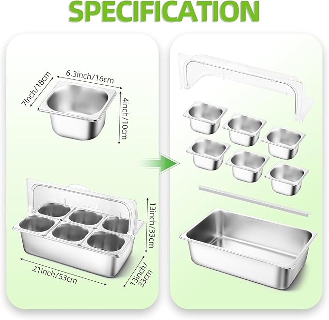 Stainless Steel Ice Food Serving Display Container 6 Pans 3 Ice Packs Cooled Condiment Dispenser Cold Serving Appetizer Buffet Organizer (6 Pans)