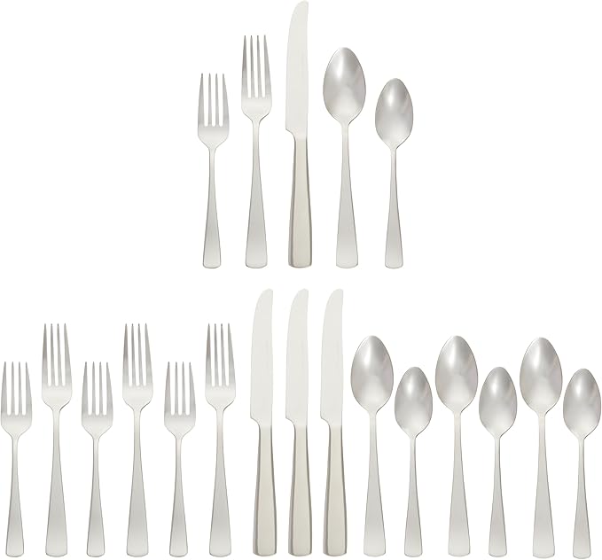 Amazon Basics 20-Piece Stainless Steel Flatware Set with Square Edge, Dishwasher Safe, Simple Design, Service for 4, Silver