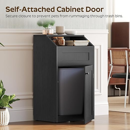 YATINEY Trash Cabinet, Freestanding Trash Can Cabinet, Wooden Recycling with Flip Door, 10 Gallon Hidden Kitchen Garbage Can for Kitchen, Living Room, Black WB01BB
