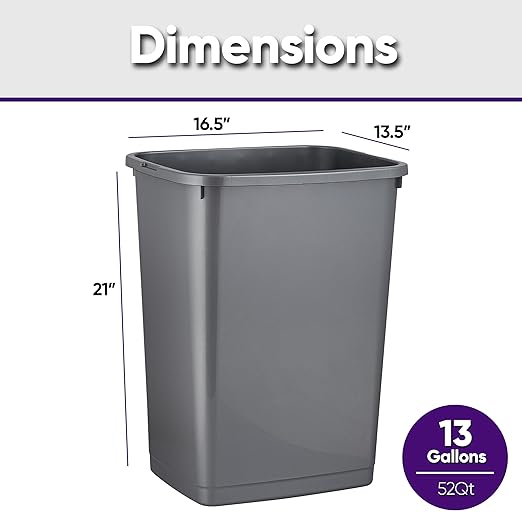 Superio Large Kitchen Trash Can 13 Gallon, 52 Qt Unlidded Waste Bin Only for Kitchen, Garage, Indoor and Outdoor Trash Can, Grey