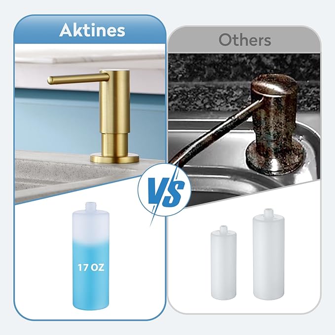 Kitchen Sink Soap Dispenser with 17 OZ Bottle and 40" Extension Tube Kit, Stainless Steel Built-in Soap Dispenser for Kitchen Sink or Countertop, in or Under Sink Installation, Brushed Gold