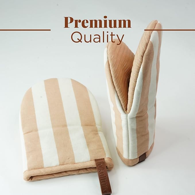 Folkulture Oven Mitts - Set of 2 (5.75x9) | Oven Mitts with Hanging Loop for Cooking Gifts for Women, Kitchen Decor| 100% Cotton, Silicone Heat Resistant Mini Mitts for Mom (Latte)