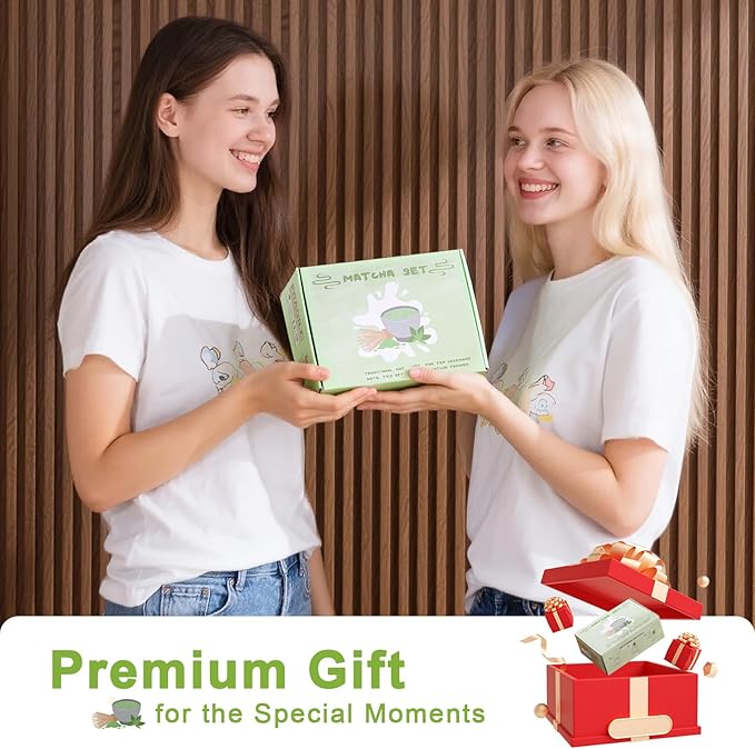7Pcs Matcha Whisk Set - Matcha Bowl with Spout, Bamboo Whisk (Chasen), Holder, Stainless Sifter, Tea Scoop, Tea Towel, Scoop Rest. Full Japanese Ceremony Matcha Kit, Perfect Gift for Tea Fans (Green)