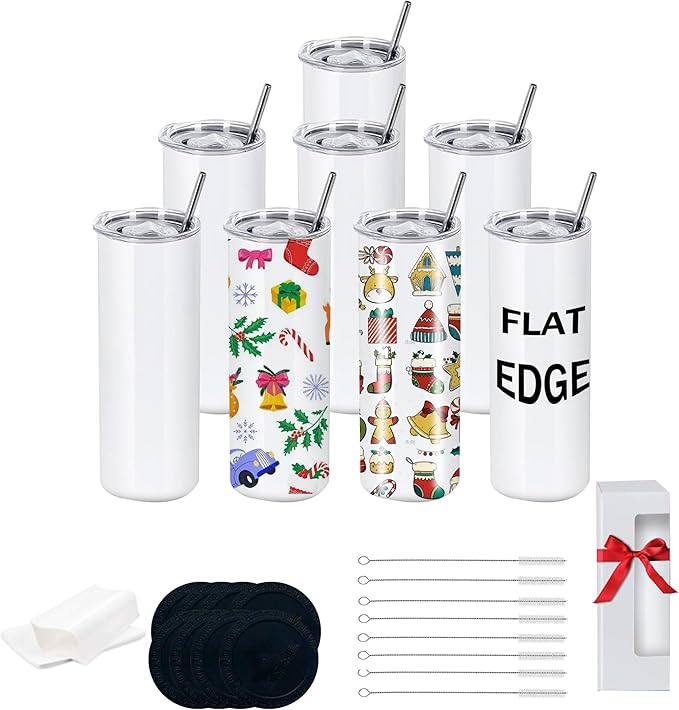 8 Pack 20oz Sublimation Tumblers Bulk With Flat Edge, 20OZ Flat Sublimation Tumbler Blank, Skinny Straight Stainless Steel Blanks Cups with Individual Box (8, 20OZ FLAT EDGE)