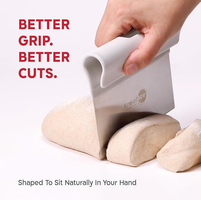 KneadAce Dough Scraper & Baker’s Brush Set. Stainless Steel Bench Scraper & Flour Cleaning Brush. Kitchen Tool for Pastry, Sourdough and Baking Prep Bread Dough Cutter, Gift For Bakers (White/Red)