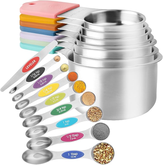 Magnetic Measuring Cups and Spoons Set of 16, 7 Stainless Steel Measuring Cups, 8 Double-Sided Measuring Spoons with 1 Leveler, Color Coded Handles, Dual Markings for Dry and Liquid Ingredients