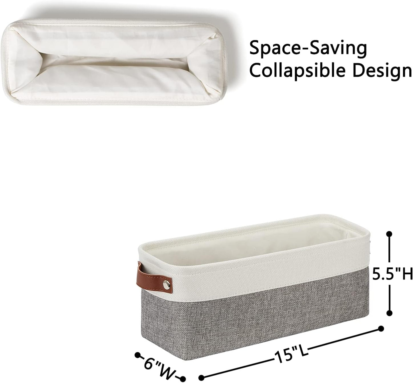 DULLEMELO Small Storage Baskets 15"x6"x5.5", Fabric Storage Bins for Toilet Tank Top [2 Pack], Back of The Toilet Basket (White&Grey)