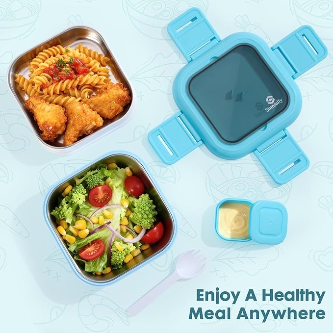 Sinnsally Bento Box Adult Lunch Box with Stainless Steel Container,Metal Lunchable Food Storage Container with Sauce Jar (Blue)