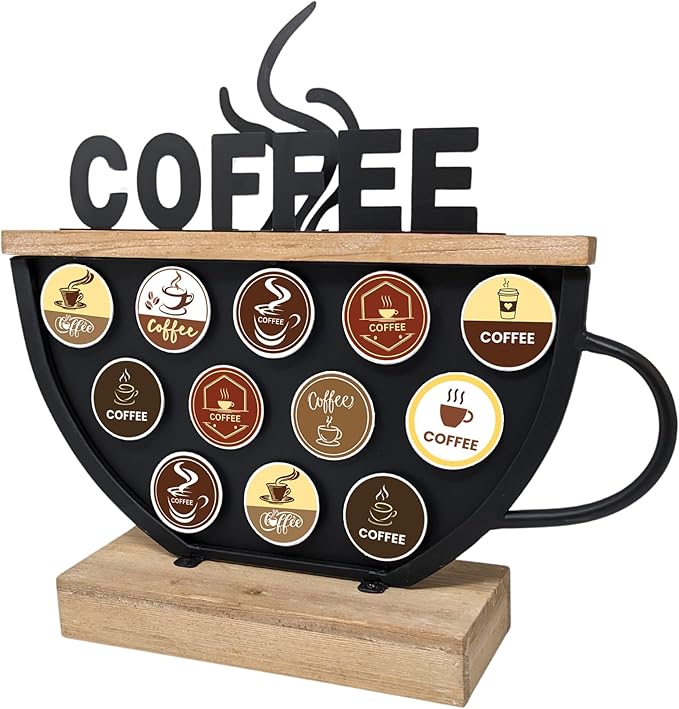 Black Coffee Pod Holder compatible with K-Cups – Metal & Wood Coffee Bar Functional Décor, Café Station Countertop Storage, Space-Saving Coffee Rack, Great Gift for Coffee Lovers, Home, Office, Café