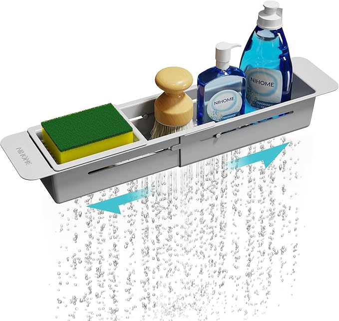 NiHome Extendable Over Sink Kitchen Organizer, Small Telescopic Brush Storage Rack for Sponge, Non-Slip Pads Expandable Sink Caddy, Adjustable Sponge/Brush Rack with Drainage Durable ABS (Gray)