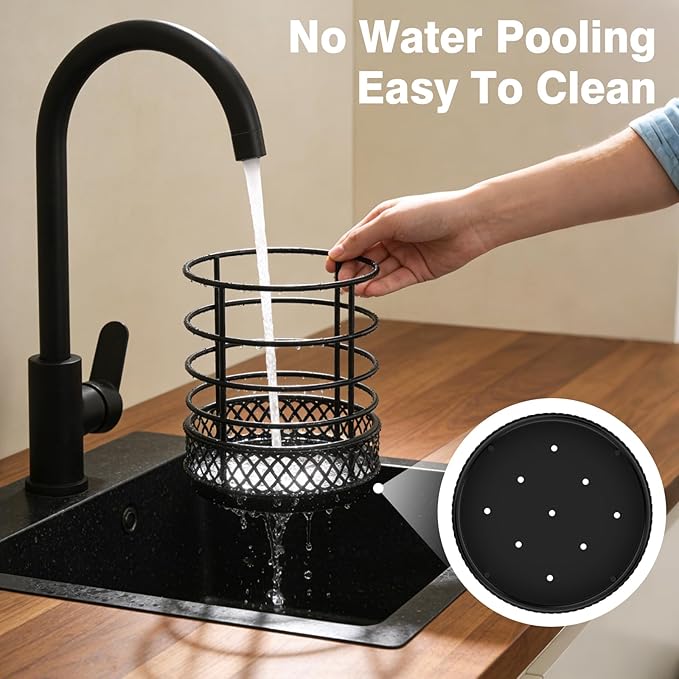 Metal Kitchen Utensil Holder for Kitchen Counter-5.43 x 5.98 inch, Black Utensil Crock for Spatula, Spoon, Fork & Knife, Rustproof Organizer