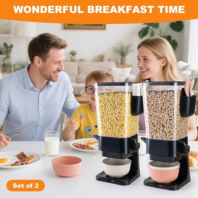 Osacoe Cereal Dispenser Countertop Black 2 Pack with Bowls Spoons Cutlery Box,5.5 QT Dry Food Dispenser Snack Organizer Containers Storage for Pantry Kitchen Organization Oatmeal Nut Granola Candy